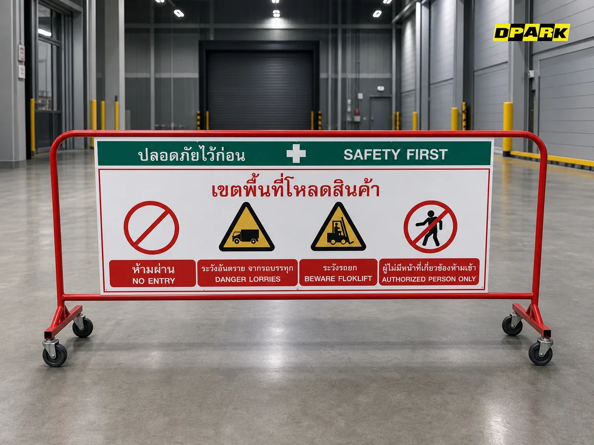 แผงกั้นจราจรสีแดงพร้อมป้าย Safety First ใช้งานในโรงงานอุตสาหกรรม — Dpark