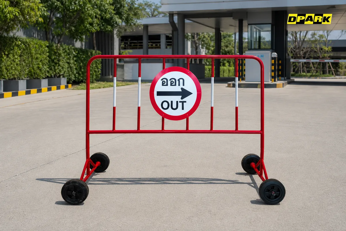 แผงกั้นจราจรสีแดงพร้อมล้อ ป้ายออก OUT ติดตั้งที่ทางออกลานจอดรถ — Dpark